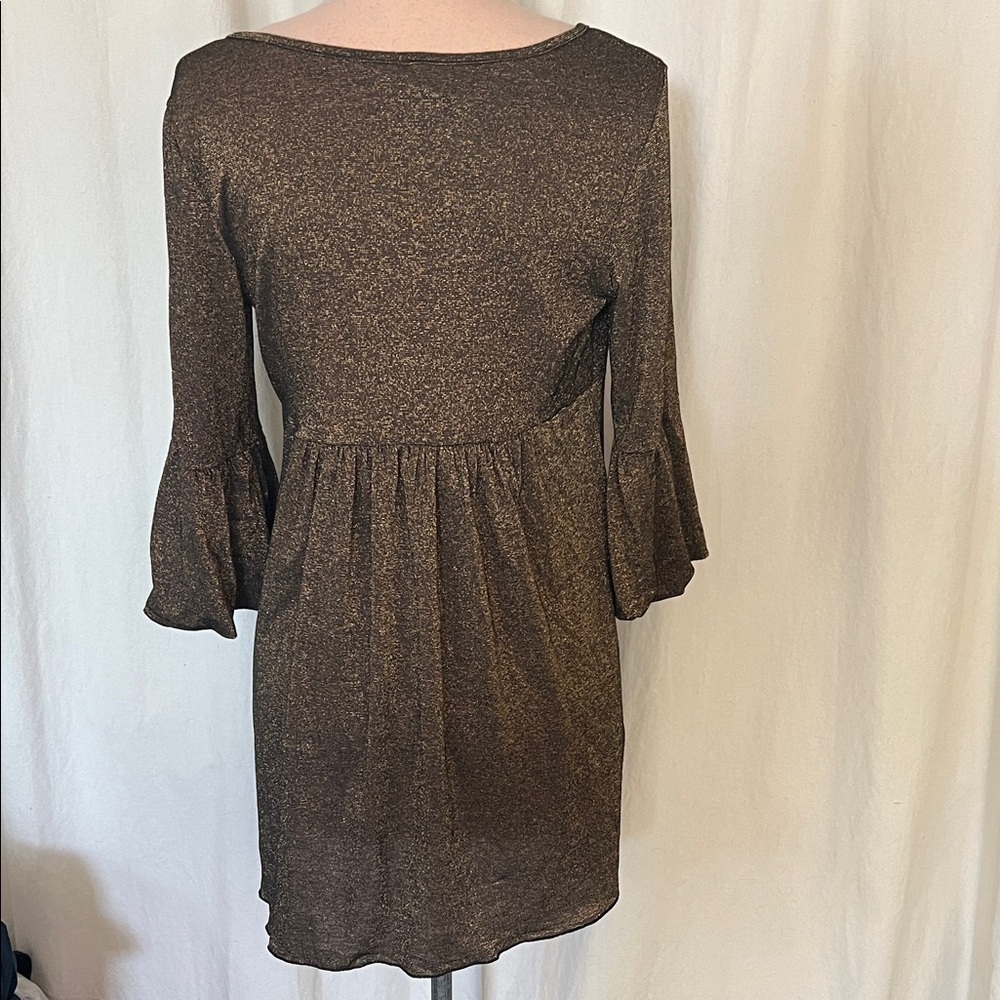 Brown Blouse brown gold shimmering bell puffy sleeves L nwot - Picture 4 of 9